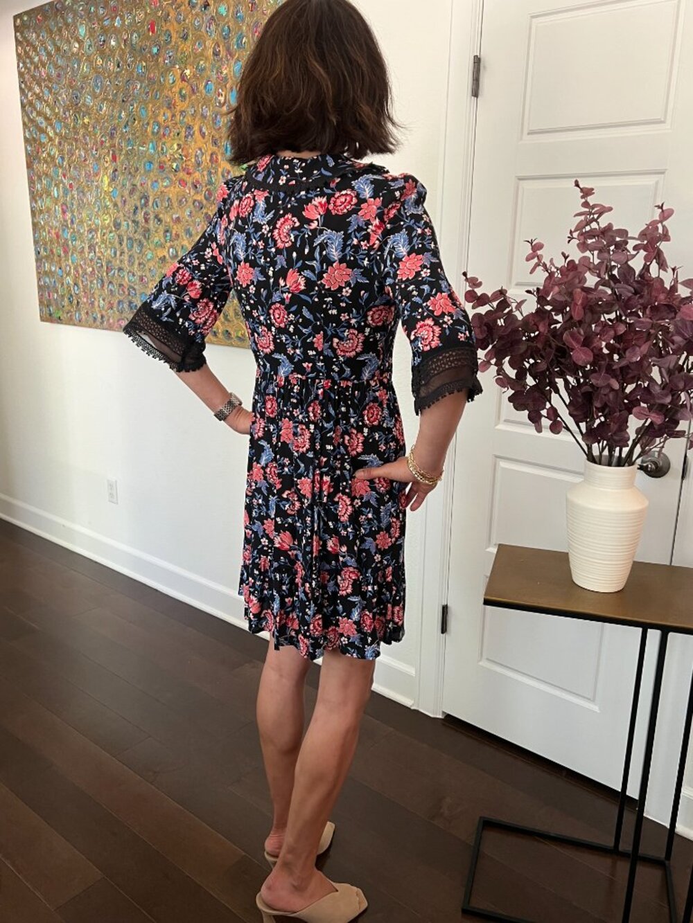 Anna Sui Black Floral Mini Dress – Lace Trim, Tiered Ruffle Hem, Boho Chic - Picture 5 of 8